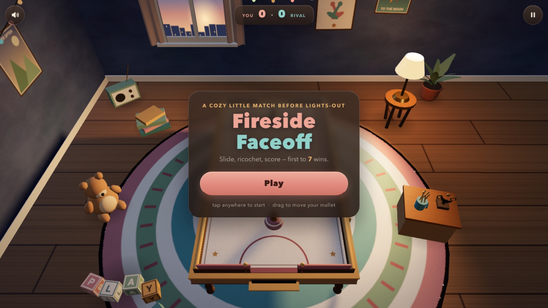The finished title screen over the dusk-lit room