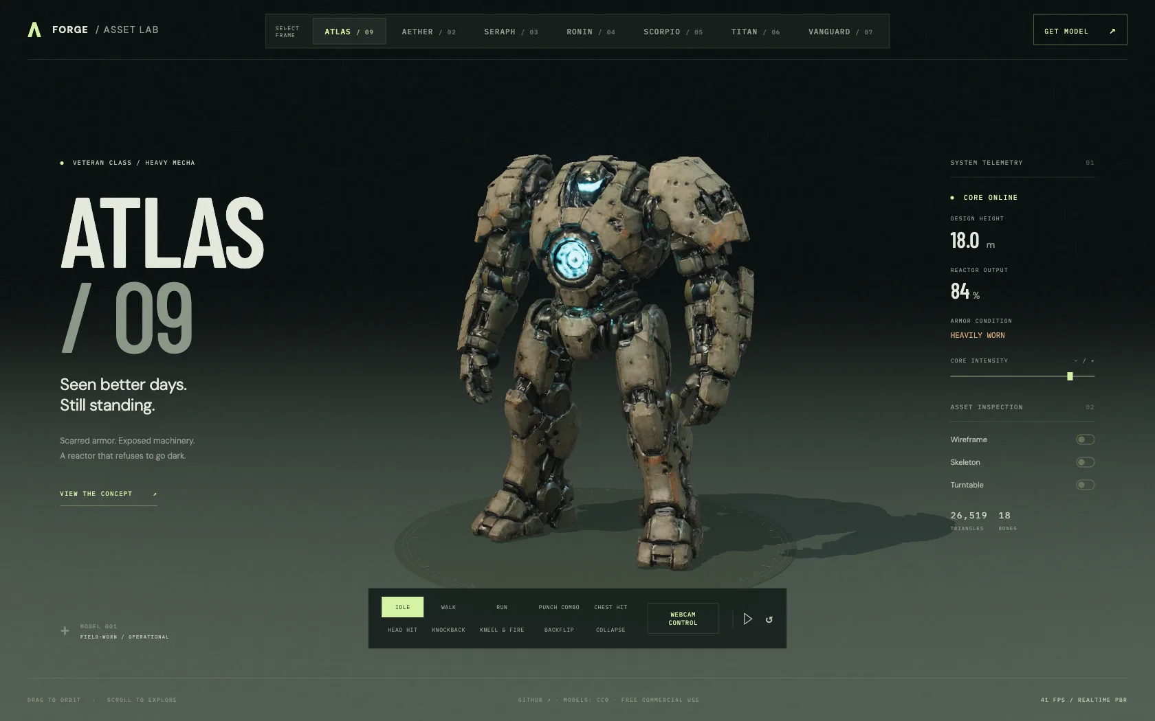 ATLAS, the weathered olive heavy mecha that started the collection, in the FORGE studio