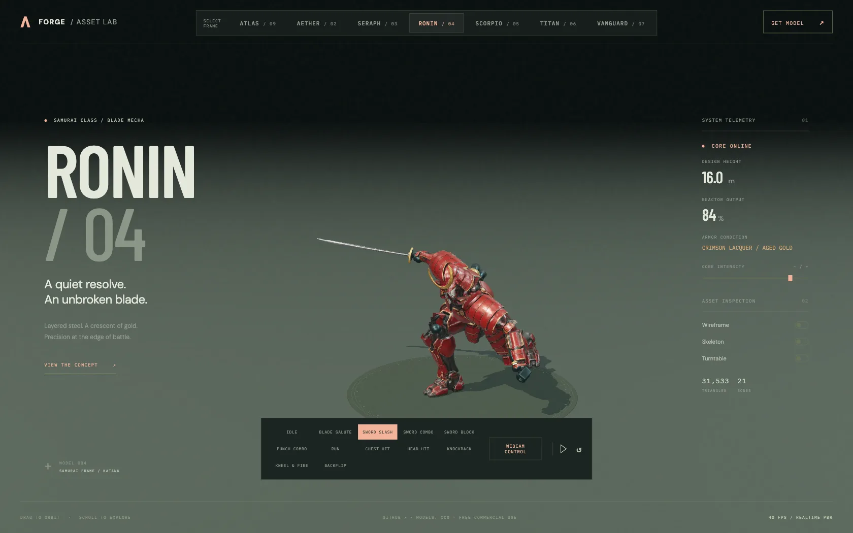 RONIN leaning through its full-body katana strike in the FORGE viewer