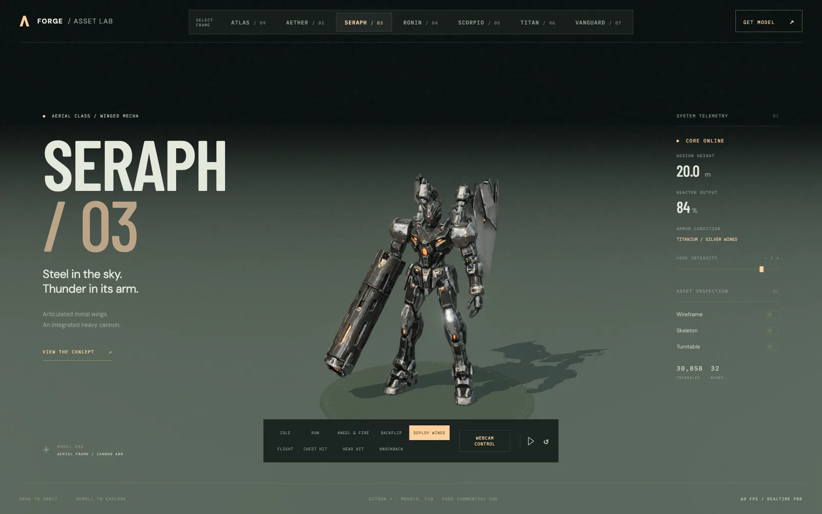 SERAPH at the beginning of WingDeploy, with the metal feathers folded behind its shoulders