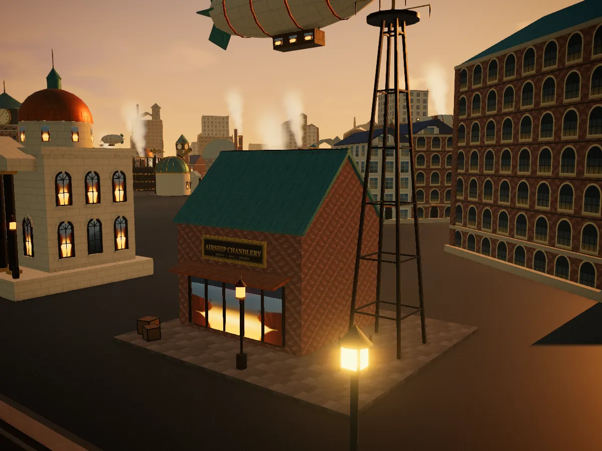 An airship chandlery with a moored dirigible, between a domed observatory and brick terraces