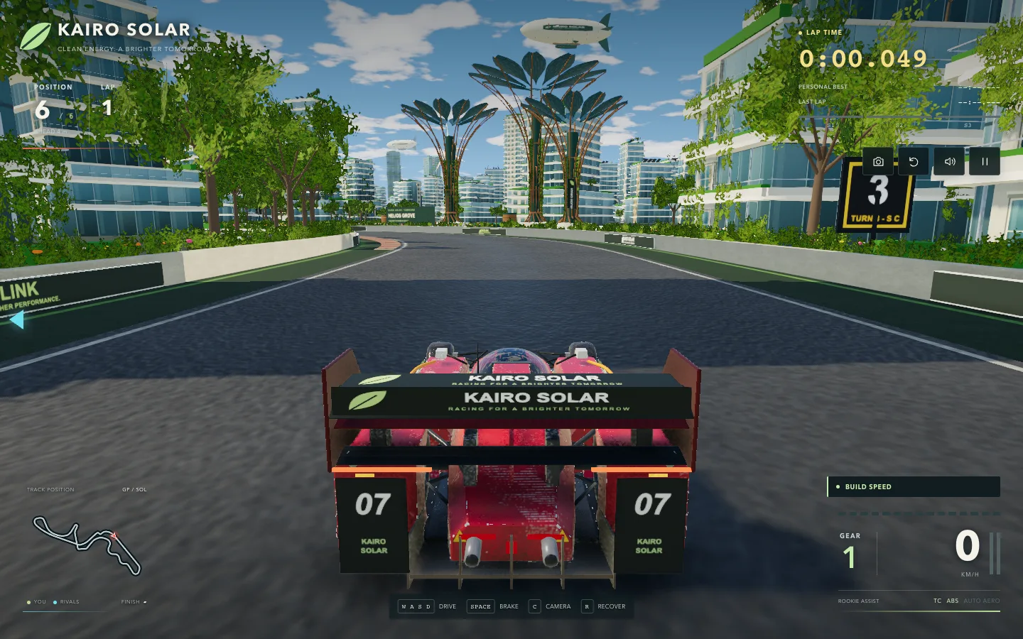 Kairo Solar, with Helios Grove's solar towers, a zeppelin, and planted buildings ahead of the player's car