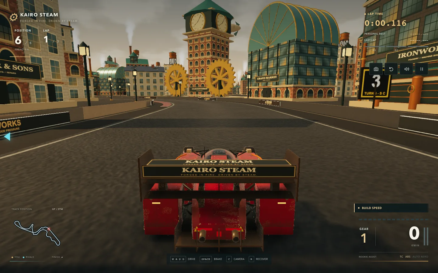Kairo Steam, with the Clockworks tower and its brass flywheels at the end of a straight