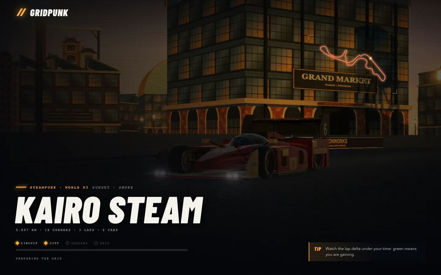 The loading card: the circuit name, world and conditions over the world's artwork, with staged progress and the track map