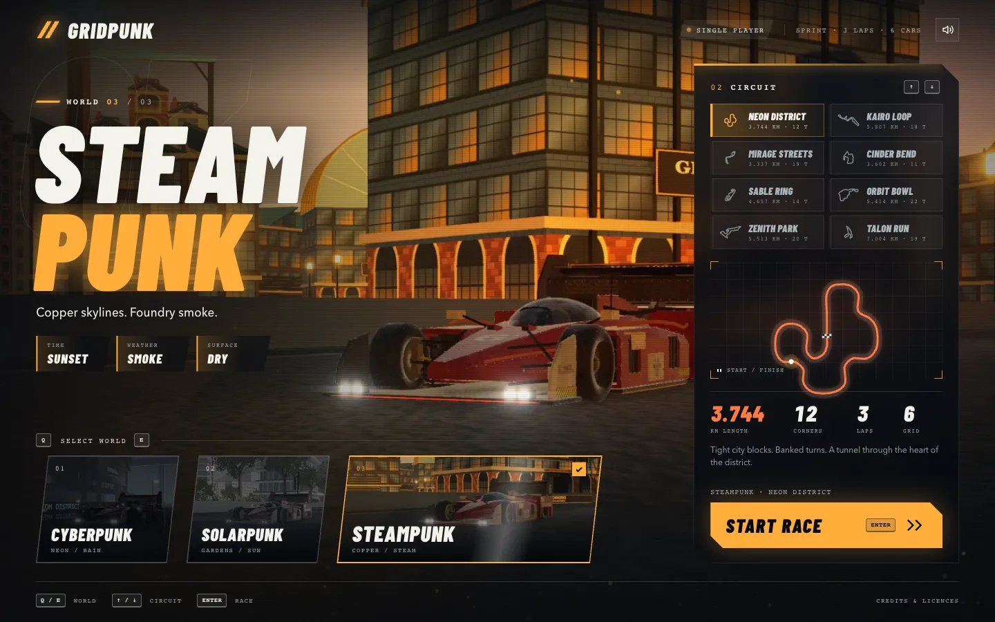 GridPunk's race-select screen in the Steampunk world, with all eight circuits, the track map and the start button