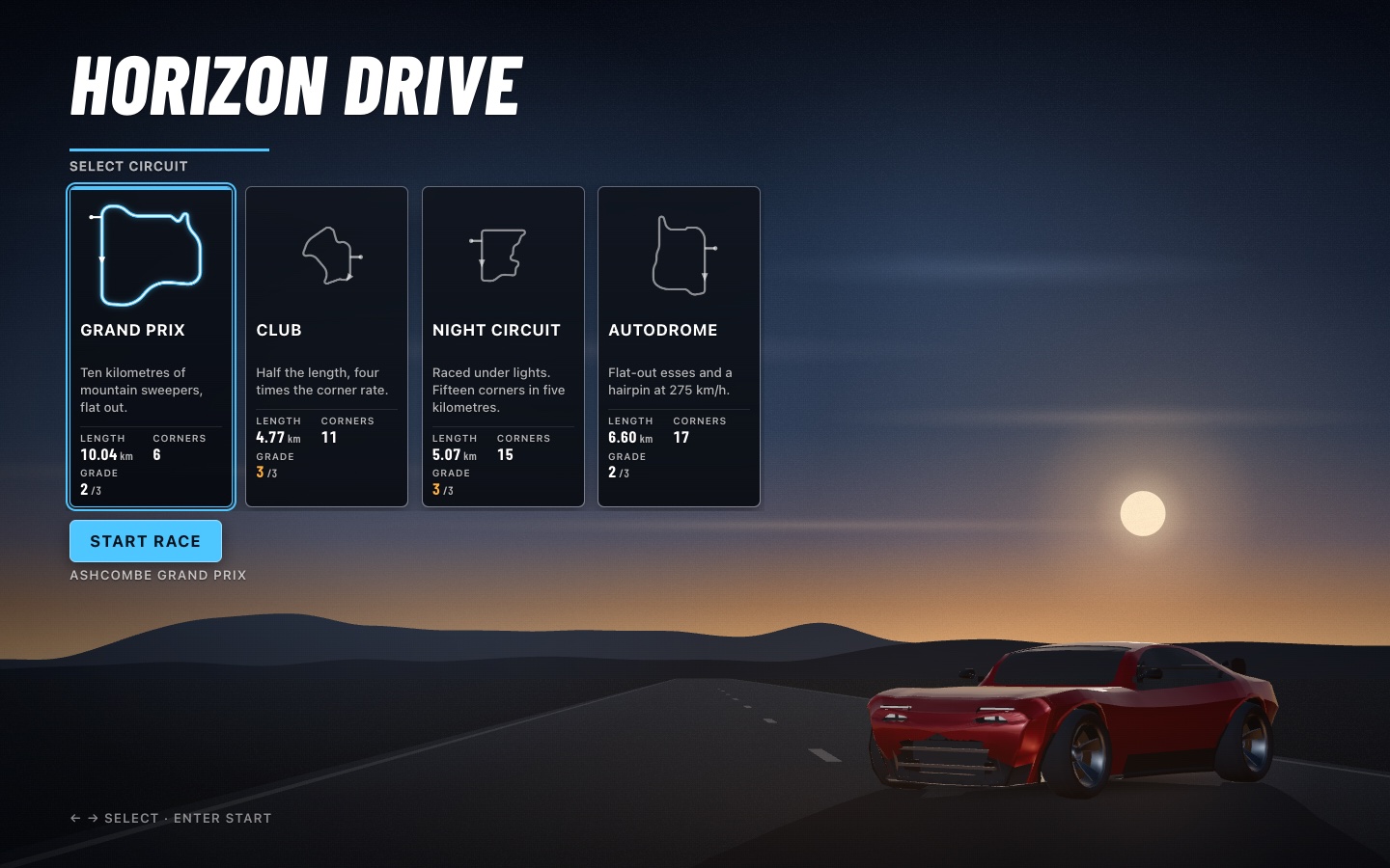 Horizon Drive circuit selection menu with four playable track layouts