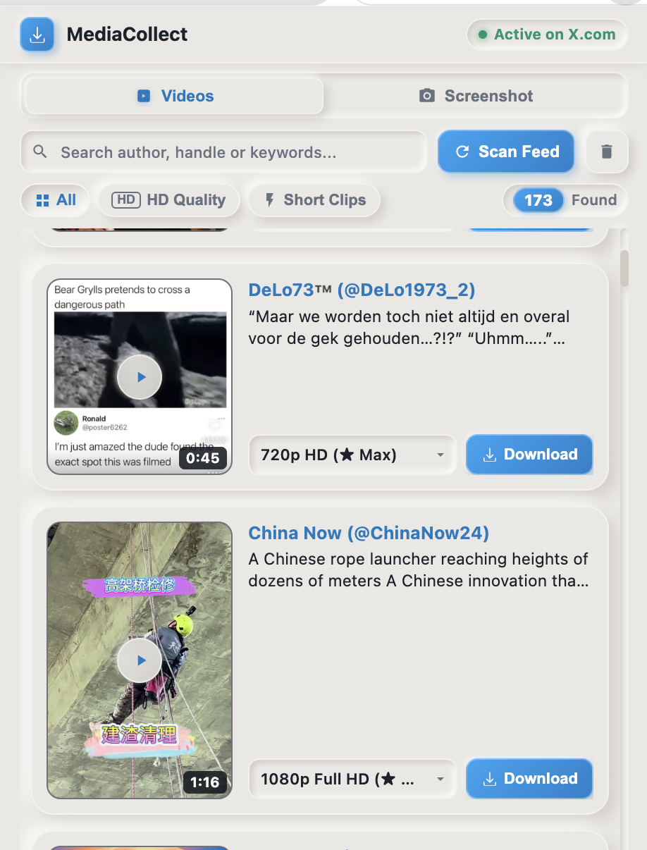 MediaCollect showing detected X videos, search and filters, previews, quality selectors, and download controls