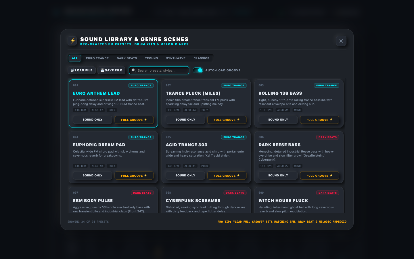 NeuSynth Prime preset browser showing sound scenes, genre filters, search, and full-groove controls
