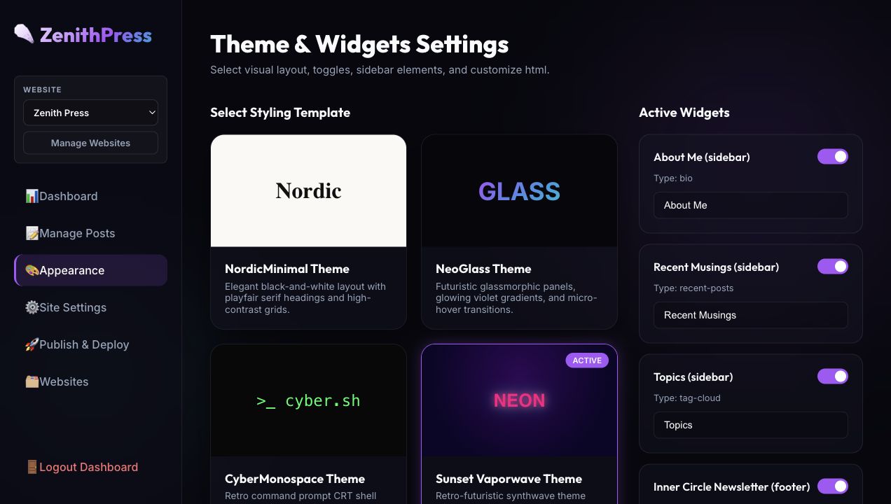 Quiremark theme and widget controls